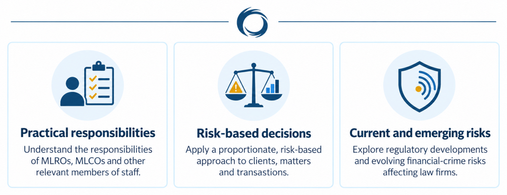 Enhanced AML training covering practical responsibilities, risk-based decisions and emerging financial-crime risks for SRA-regulated law firms.